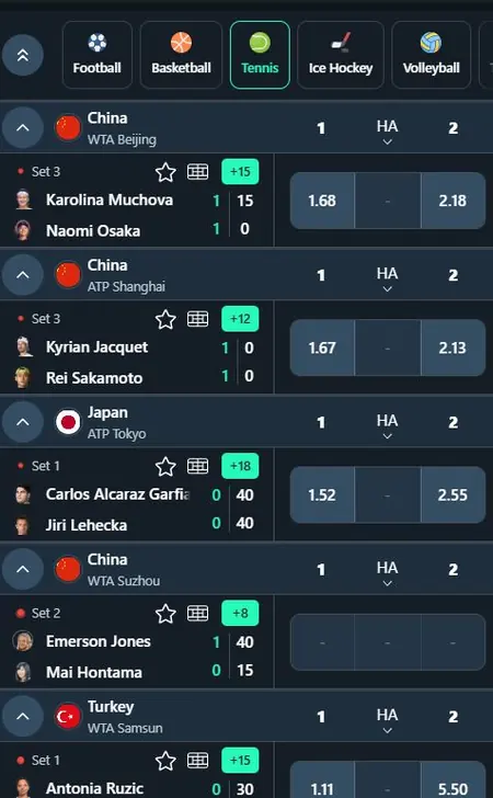 Spurbets live betting list with tennis matches, set scores, odds and green extra-market counters