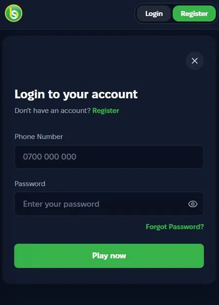 Spurbets Login to your account form with Phone Number, Password, Forgot Password and Play now