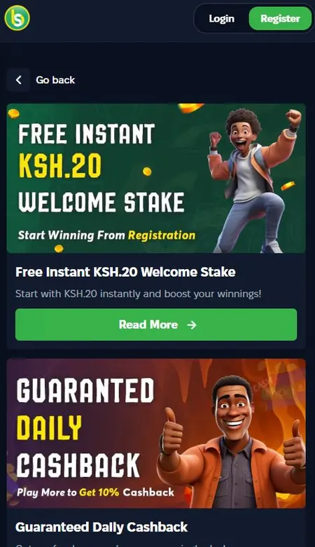 Spurbets promotions on a phone: Free Instant KSh 20 Welcome Stake and Guaranteed Daily Cashback