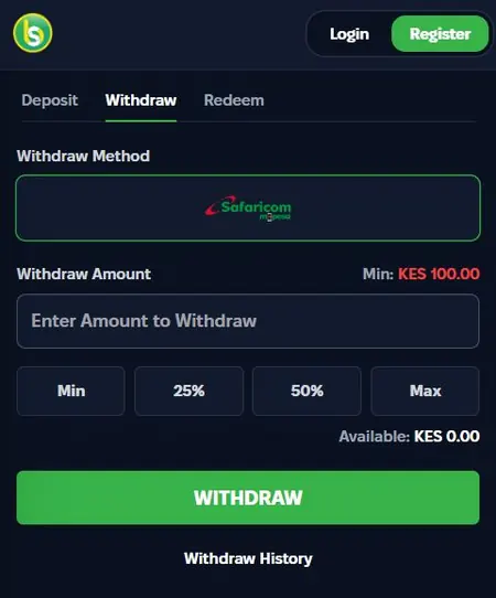Spurbets Withdraw tab with Safaricom M-Pesa, Min KES 100.00 and Min, 25%, 50%, Max buttons