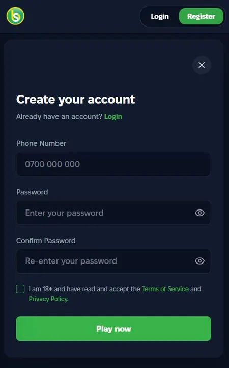 Spurbets Create your account form with Phone Number 0700 000 000, two password fields and the 18+ box
